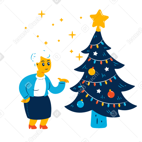Old woman and christmas tree Illustration in PNG, SVG