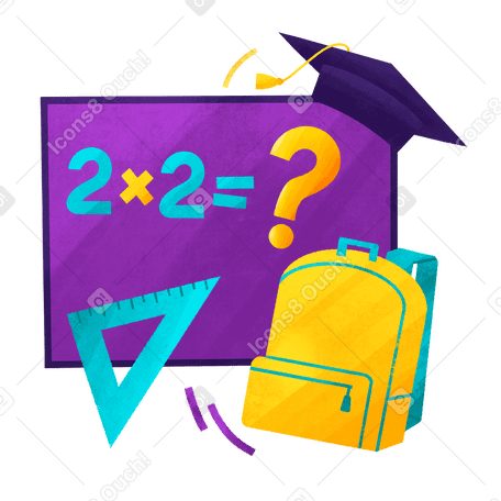 Blackboard with equations, graduation cap, backpack, ruler, as a symbol of back to school PNG, SVG