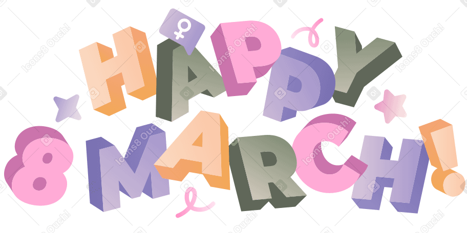 刻字3月8日快乐！带有女性标志和装饰元素文本 PNG, SVG