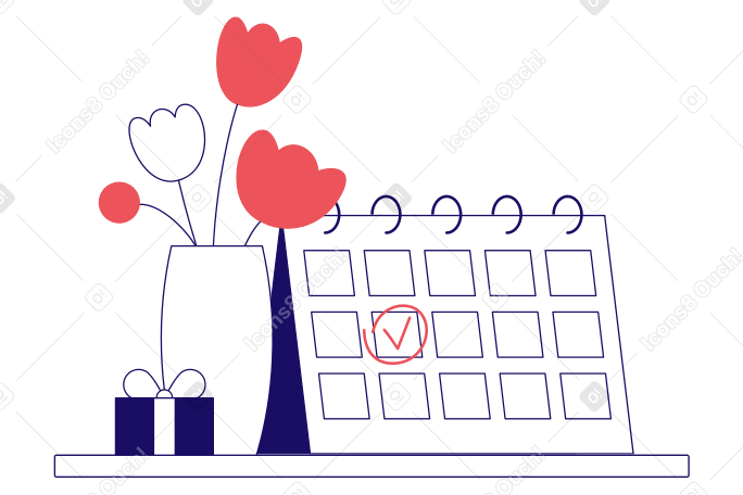 Calendar with the check mark marked on it, flowers and present PNG, SVG