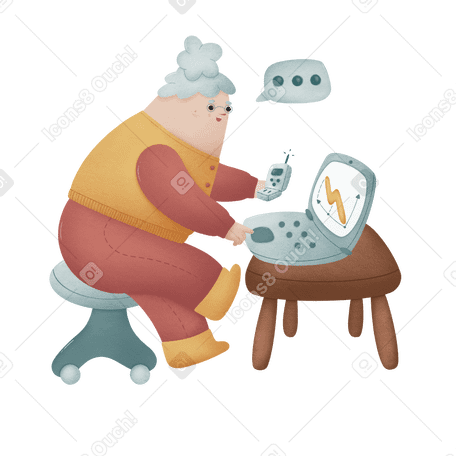 granny sits and works on laptop and talks on the phone Illustration in PNG, SVG