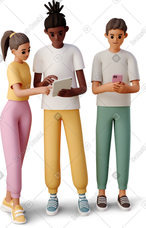 3D young people looking at gadgets PNG, SVG