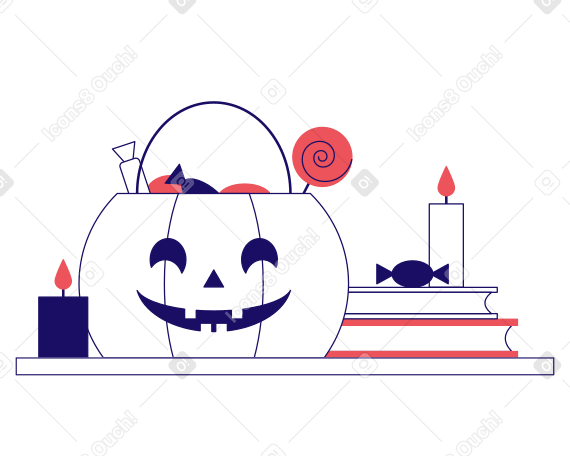 Illustration animée Panier de citrouilles avec bonbons, bougies et livres aux formats GIF, Lottie (JSON) et AE