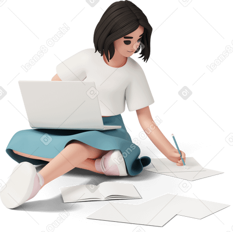 3D business woman working on laptop while sitting on floor PNG, SVG