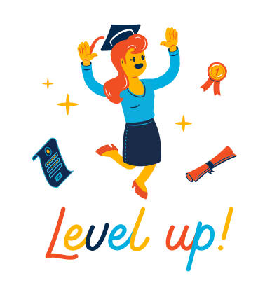 Level up lettering under the joyful girl in an academic hat PNG, SVG
