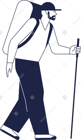 man hiker with large backpack and stick in his hand Illustration in PNG, SVG