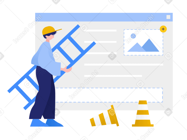 Illustration Un homme avec une échelle va créer une page à l'aide d'éléments web aux formats PNG, SVG