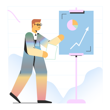 Homme d'affaires pointant sur le tableau avec des graphiques PNG, SVG
