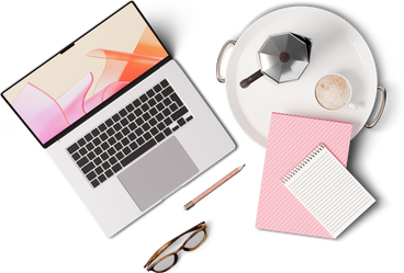 Top view of laptop, notebooks, tray with moka pot, and cup PNG, SVG