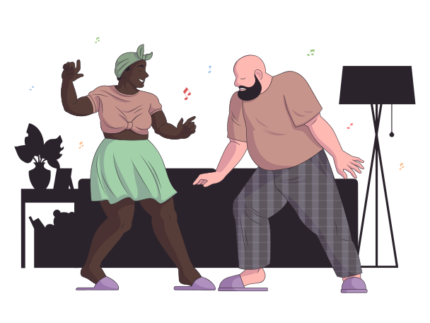 Woman and man dancing together at home Illustration in PNG, SVG