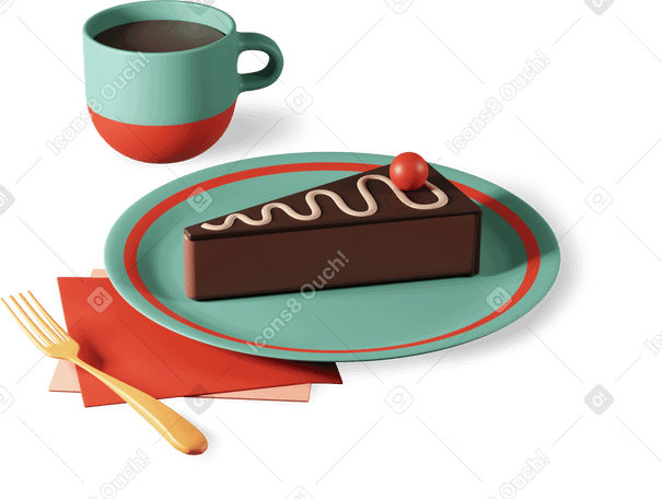 3D 一块蛋糕，咖啡和叉子 PNG, SVG