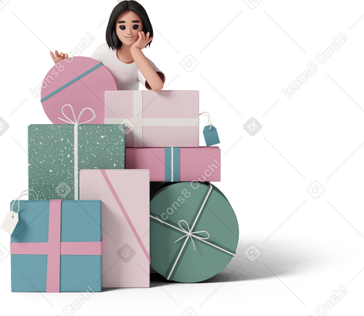 3D girl with gift boxes PNG, SVG