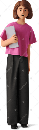 3D young woman standing with laptop and smiling PNG, SVG