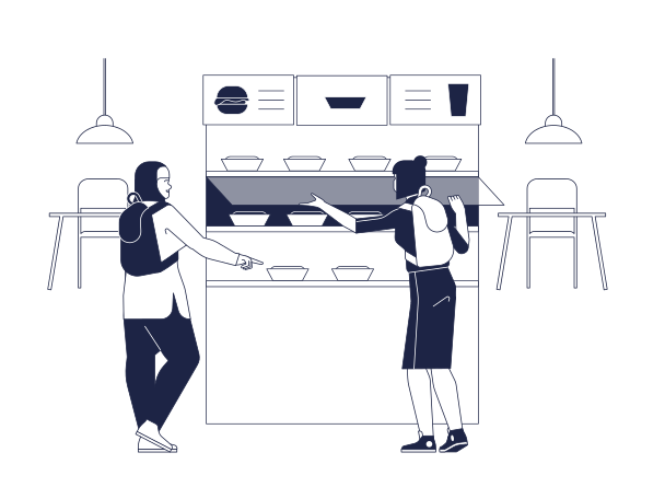 Two women with backpacks buy fast food at contactless food kiosk in cafe Illustration in PNG, SVG