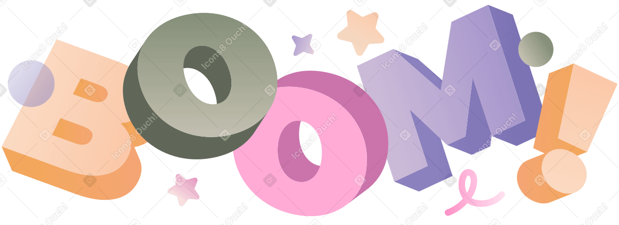 Illustration animée Boum de lettrage ! avec texte d'étoiles et d'éléments décoratifs aux formats GIF, Lottie (JSON) et AE