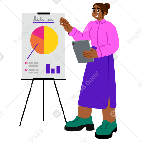 Frau zeigt geschäftspräsentation mit kreisdiagramm PNG, SVG