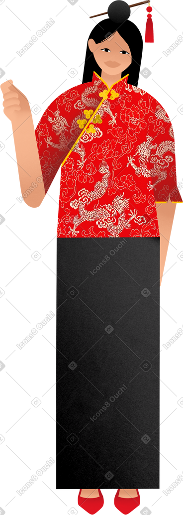 Young woman in a red top with dragons PNG, SVG