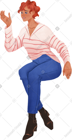 sitting woman in striped longsleeve and blue jeans PNG, SVG