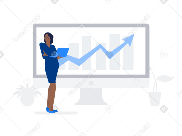 Woman with laptop against background of analytics on screen Illustration in PNG, SVG