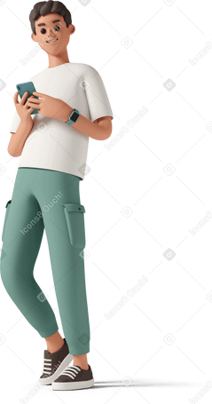 3D yound man smiling and holding smartphone Illustration in PNG, SVG
