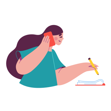 Женщина разговаривает по телефону и пишет в блокноте в PNG, SVG