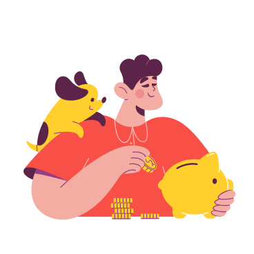 Man with a dog holding a coin and putting it in a piggy bank PNG, SVG