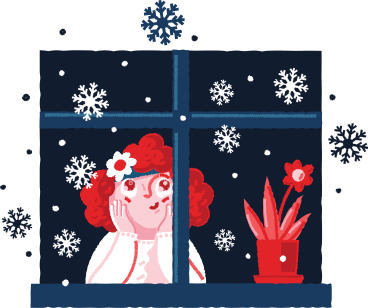 Женщина смотрит в окно на снежинки в PNG, SVG