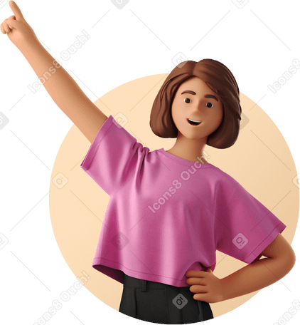 3D Радостная женщина, указывающая по диагонали в PNG, SVG
