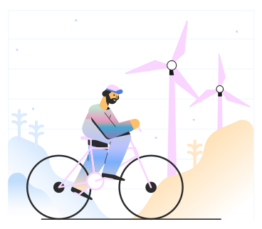 Hombre en bicicleta con turbinas eólicas en el fondo PNG, SVG