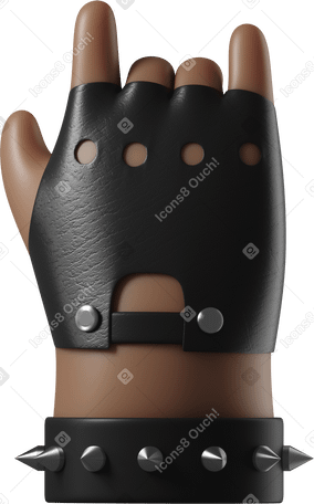 3D Rocker's dark brown skin hand with leather bracelet showing a rock sign Illustration in PNG, SVG