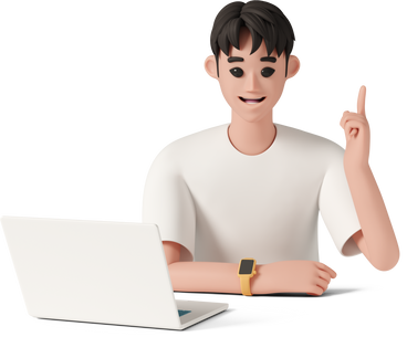 smiling man with laptop raising his index finger PNG, SVG