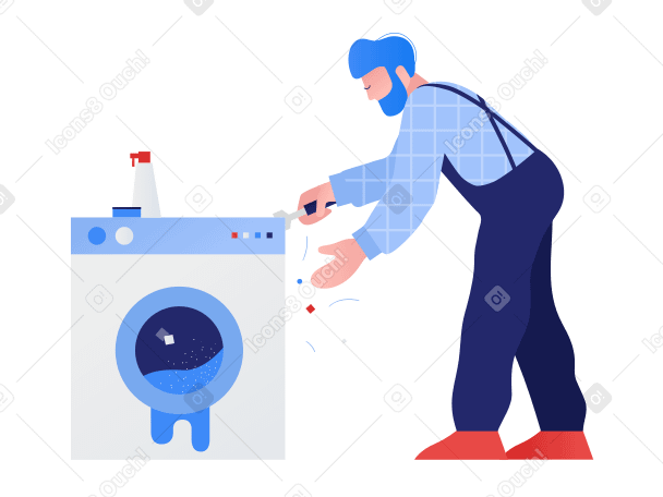 Рабочий чинит сломанную стиральную машину в PNG, SVG