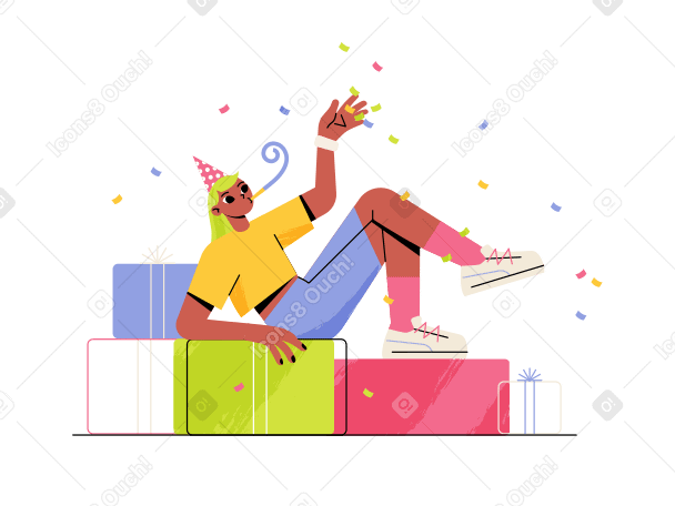 Girl with party hat lying on a bunch of presents and blowing party horn Illustration in PNG, SVG