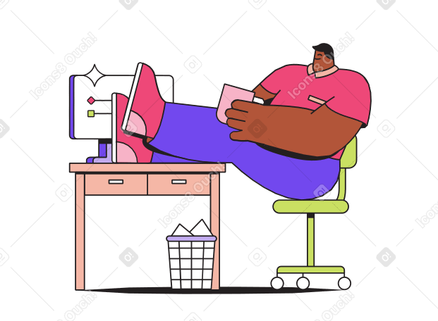 Ilustração animada de Homem sentado perto do computador com copo em GIF, Lottie (JSON), AE