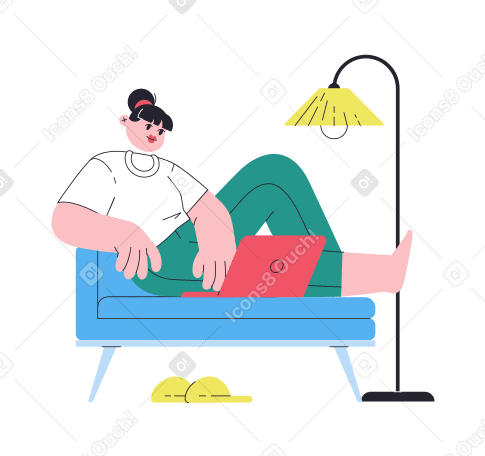 Woman works remotely with laptop on sofa PNG, SVG