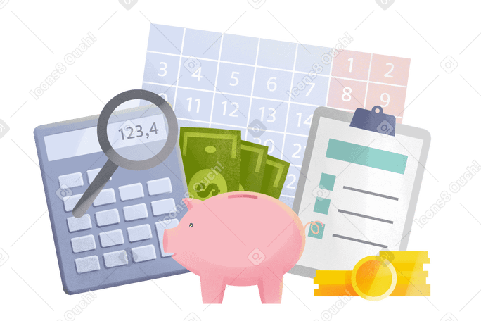 Piggy bank with calculator, money and calendar for accounting PNG, SVG
