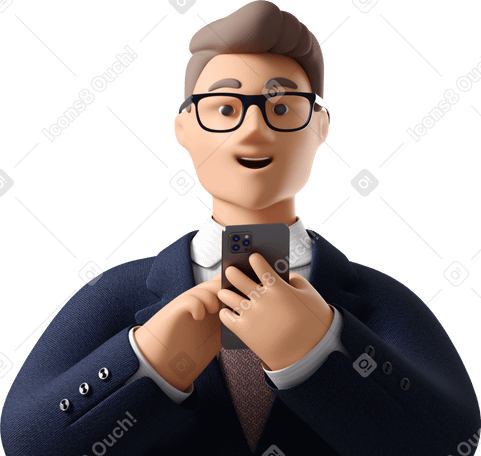 3D close up of businessman in dark blue suit with phone looking straight Illustration in PNG, SVG
