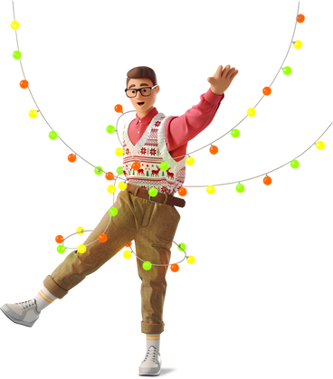 man getting tangled in christmas lights PNG, SVG