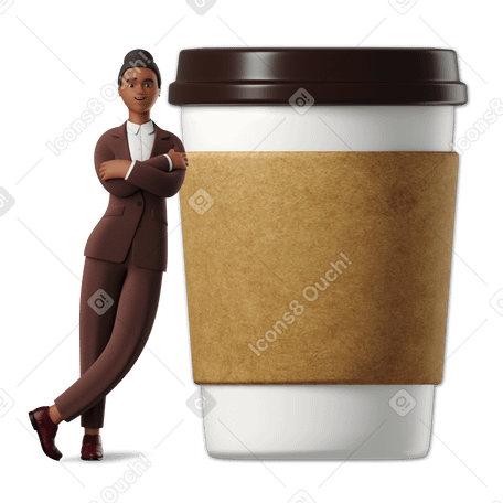 3D Businesswoman leaning on a big coffee to go cup PNG, SVG