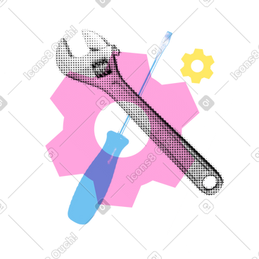 Adjustable wrench and screwdriver on gear wheels background PNG, SVG