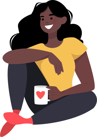 sitting girl with long hair and a cup of tea Illustration in PNG, SVG