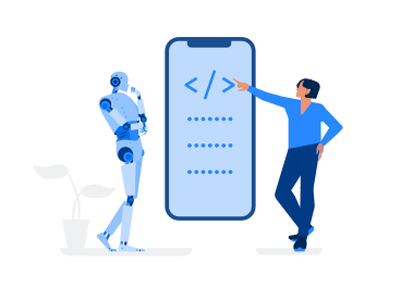 Man teaches UX programming to an android robot PNG, SVG