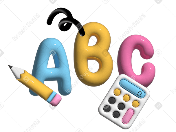 Letras abc de texto 3d con calculadora y lápiz PNG, SVG