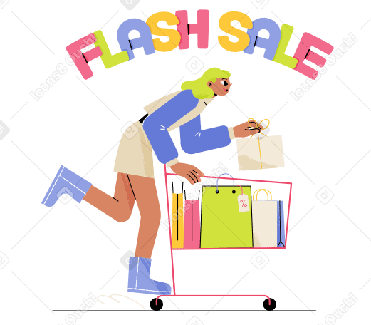 Lettering Flash Sale with a woman who is a shopping Illustration in PNG, SVG