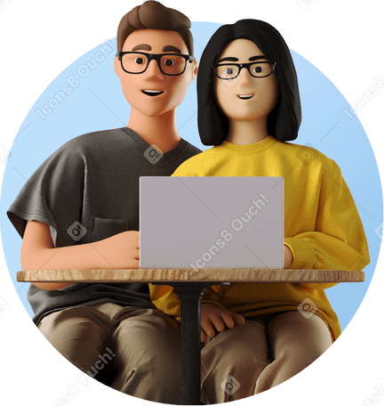 3D young woman and man sitting at a table with a laptop PNG, SVG