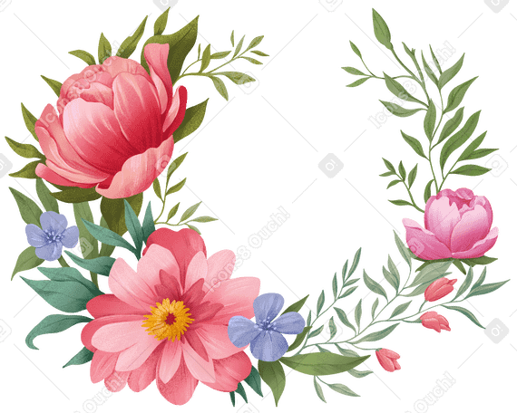 Different spring flowers woven into a semicircular wreath PNG, SVG