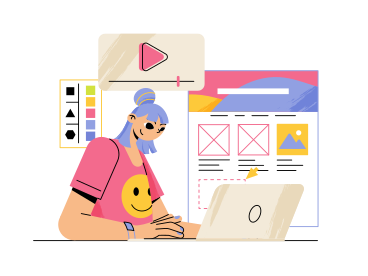 Ilustración animada de Chica diseñadora web haciendo página de inicio con video, paleta de colores y bloques de sitio en GIF, Lottie (JSON), AE