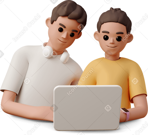 3D young man and woman sitting in front of laptop PNG, SVG