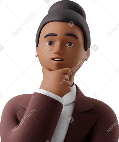 3D close up of black pondering businesswoman in brown suit Illustration in PNG, SVG