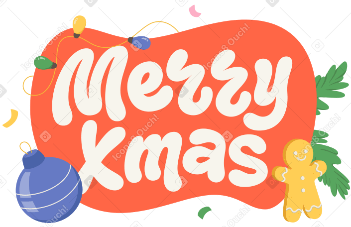 Lettering Merry Xmas with garland and Christmas gingerbread text PNG, SVG